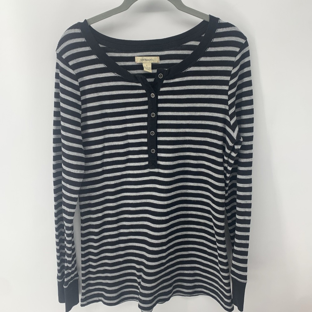 2 Women GH BASS CO THERMAL HENLEY SHIRT Long Sleeve Stripe Top Waffle Large - Picture 6 of 9